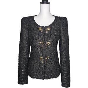 Ipekyol Tweed Sparkle Wool Blend Jacket with Chain‎ Details Black Size 6